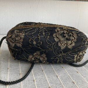 VTG Embroidered Evening Makeup Bag Pouch Black Floral Whimsigoth Crossbody